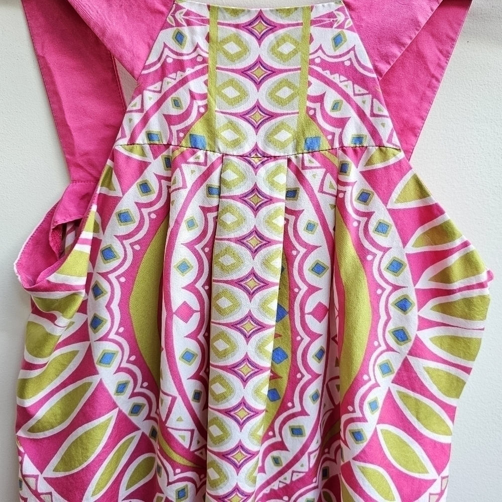 100% Silk Geometric Print Pink And Green Bib Front Banana Republic Top, Size XS - Picture 3 of 9